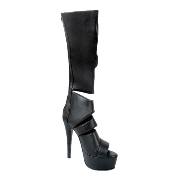 

kolnoo womens stiletto gladiator sandals zipper cross stripe peep toe knee high thin heel platform boots party shoes black xd261