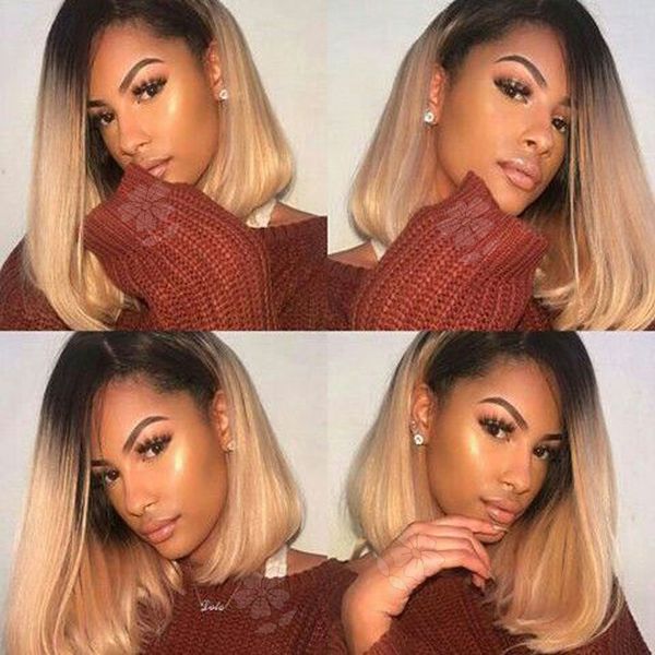 Synthetic Lace Front Wig Ombre Blonde Straight Short Bob Wigs Dark Roots Synthetic Lace Front Wig Heat Resistant Hair Women Wig African Wigs Synthetic