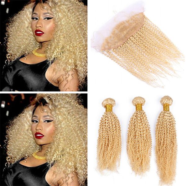 

platinum blonde lace frontal closure with bundles 613 blonde afro kinky curly virgin malaysian human hair weaves with lace frontal, Black;brown