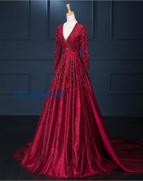 

gorgeous prom dresses wine red evening dear v-neck long sleeve tulle satin with embroidery court train evening gowns with beads sequins, Black;red
