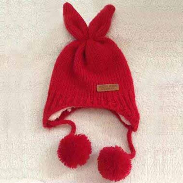 

children's winter fleece thicken knitted hats ear cover cute rabbit fur ball skull caps children's beanie 5 color, Blue;gray