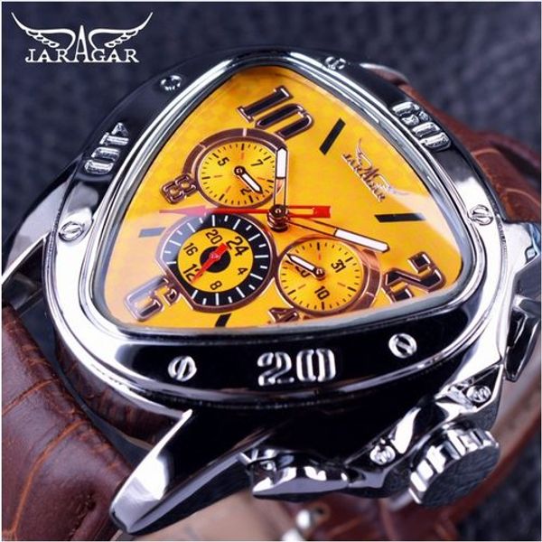 Jaragar esporte design de moda caso triângulo geométrico pulseira de couro marrom 3 dial relógio masculino marca superior luxo relógio automático clock199g