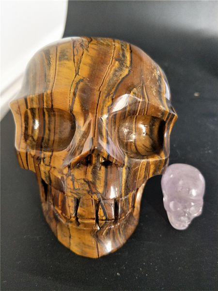 Novo produto crânio natural de cristal olho de tigre esculpido à mão crânio de quartzo olho de tigre para decoração de casa 1,12 kg