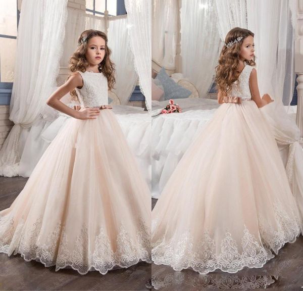 

new flower girl dresses for weddings 2017 blush pink handmade princess tutu sequined appliqued lace bow vintage child first communion gowns, White;blue