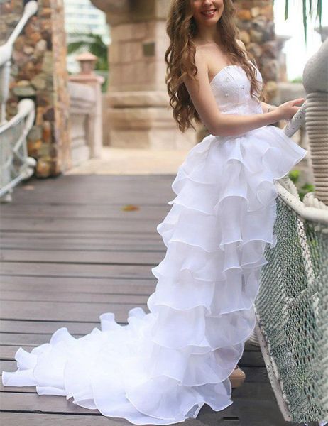 

white high low wedding dresses short front long back beaded lace ruffles organza bridal gowns custom size
