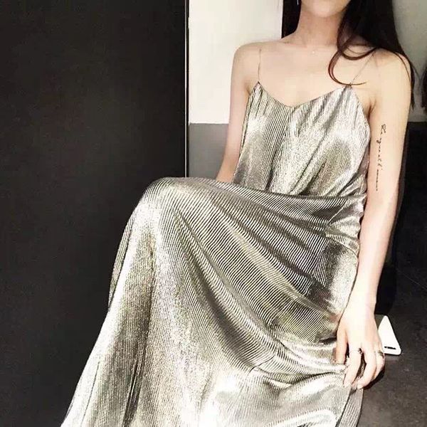 

wholesale- [twotwinstyle] 2017 metal chain straps backless casual loose long dress women new silver gold color fashion cothing, White;black