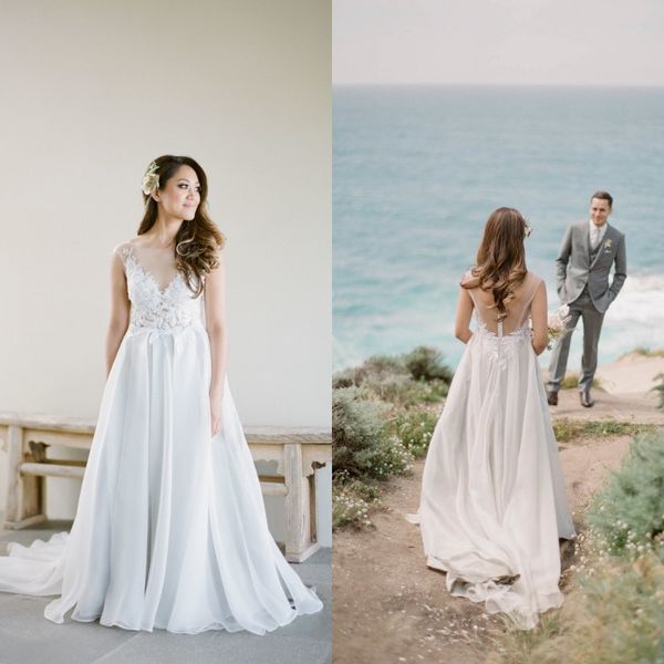 

2017 beach wedding dresses sheer v neck illusion back lace chiffon split country bridal gowns custom made en7199, White