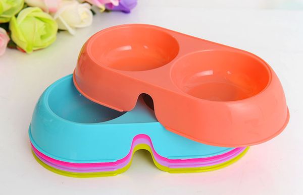 

pet double dog bowl mix colors plastic pet circle bowl puppy dog utensils