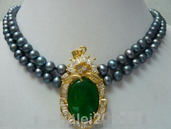 

2 rows black freshwater pearl emerald jade crystal pendant necklace, Silver