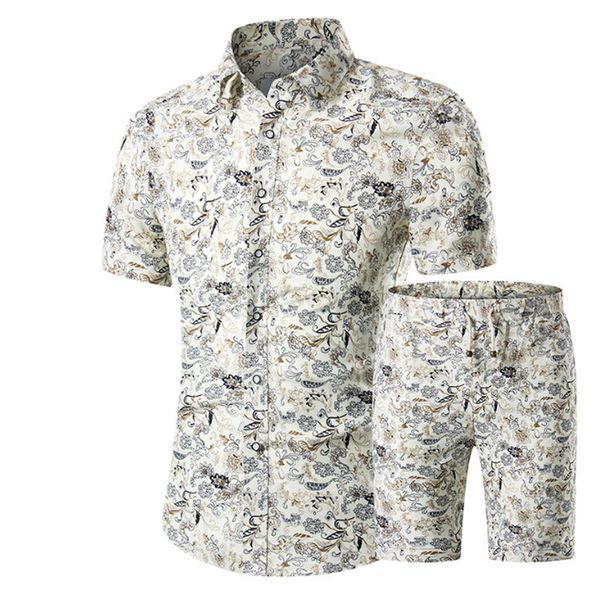 

male summer shirts+shorts printed casual homme plus size new printing men suit dress shirt set sets hawaiian short mixrr