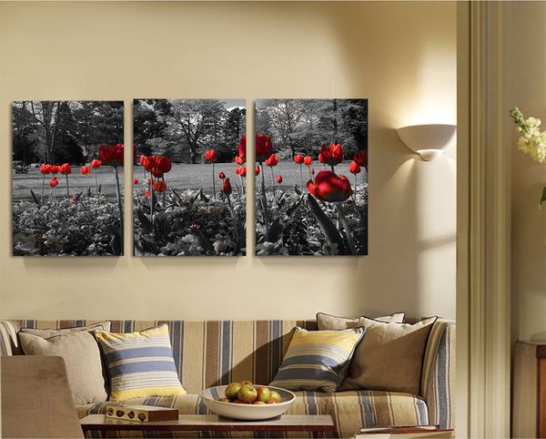 Acheter 3 Panneaux Bois Fleur Rouge Gris Paysage Toile Peinture Home Decor Toile Mur Art Photo Numérique Art Imprimer Pour Mur De La Chambre De 2143