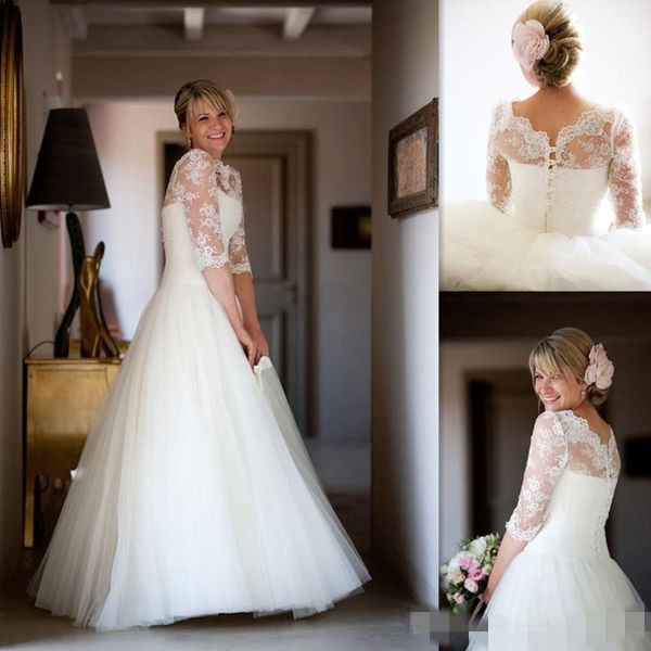 

floor length wedding vintage 2022 new arrival bridal gown half sleeve covered botton price lace jewel neck tulle gown gorgeous, White