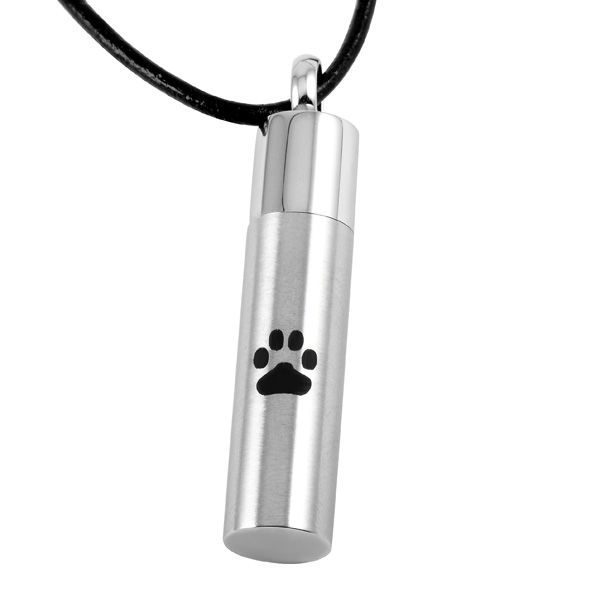 

cremation jewelry paw engraved cylinder 316l stainless steel cremation pendant necklace pet ashes keepsake urn necklace, Silver
