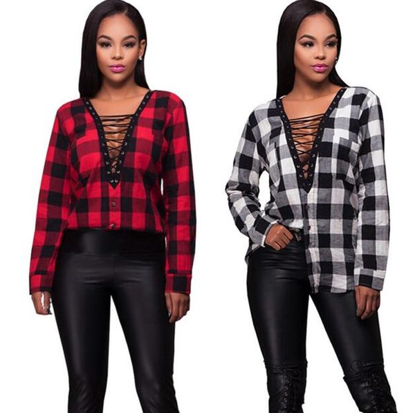 

лучшее качество европа сексуальная с длинным рукавом решетки блузки весна девушка осень плед америка женщины футболки топы пальто плед блузк, White