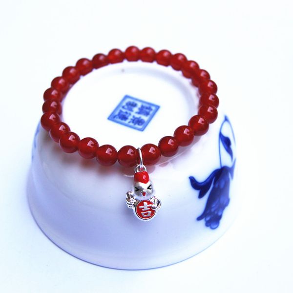 

red round natural agate pearl 26 + 925 pure silver cock (lucky) lucky bracelet, Black