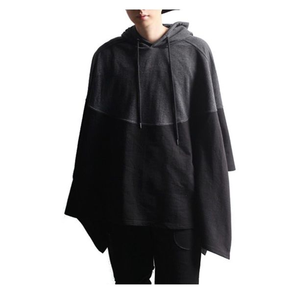 

wholesale- casual mens jumper cloak irregular color stitch winter coat splice sweatshirt poncho pullover mantle party wear hoodie hoode anti, Black
