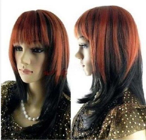 

gt;>>women"s red mix black long straight cosplay wig, Black;brown