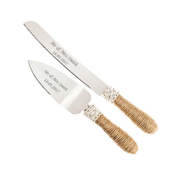 

wholesale- engraved wedding cake knife and serving set - jute twine wrapped handle for rustic chic country wedding