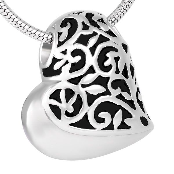 

cremation jewelry heart urn keepsake pendant necklace leaf etched stainless steel memory jewelry ashes keepsake urn necklace, Silver