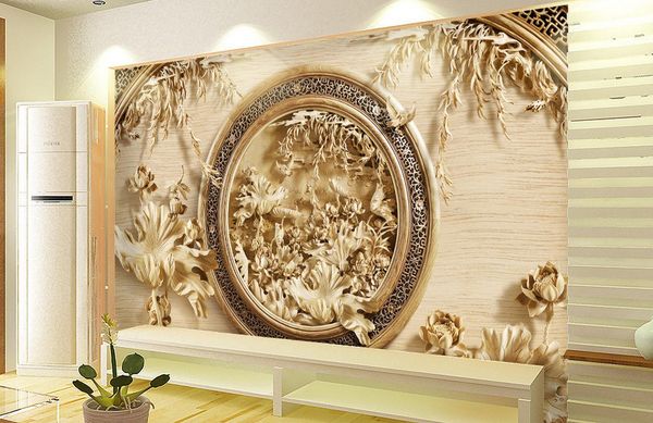 

costom 3d wood carving lotus tv background wall three - dimensional lotus flower