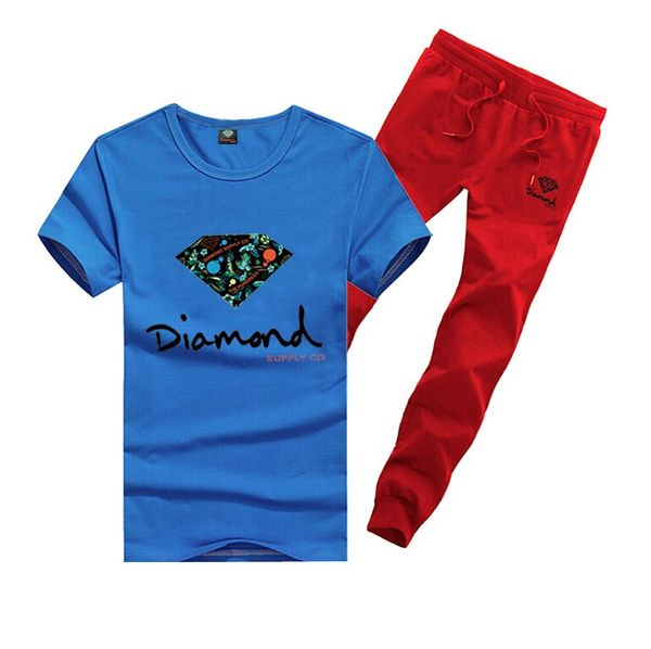 

d1262 s-5xl new men leisure diamond supply t-shirt and long pants suit o-neck elastic waist tracksuits, Gray