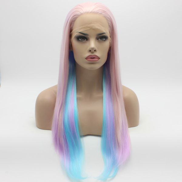 Iwona Hair Straight Long Three Tone Pink Light Purple Blue Mix Wig