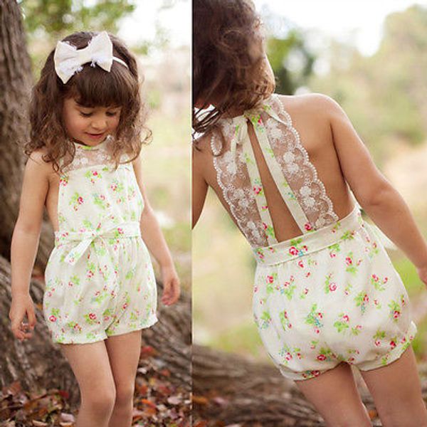 

wholesale- 2016 new pretty girls floral playsuit one-piece kids baby romper shorts lace clothes 2-7y, White