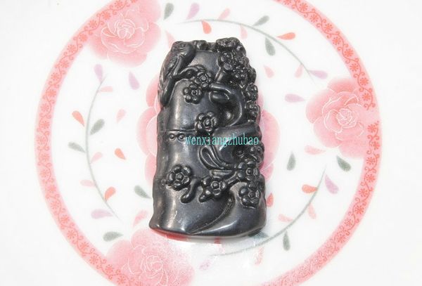 

dark green jade pendant with hand-carved, retro rectangle, magpie. (beaming) necklace pendant, Silver