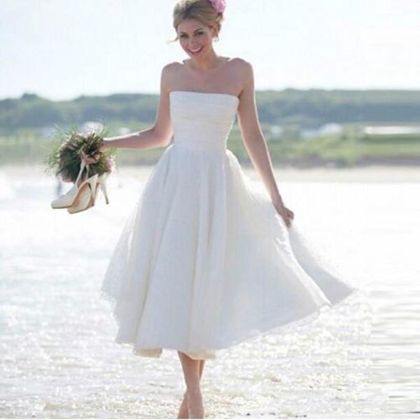 

Vintage Short Wedding Dresses Beach Boho Bride Gowns Off the Shoulder Strapsless A Line Wedding Gowns Tea Length Custom Size