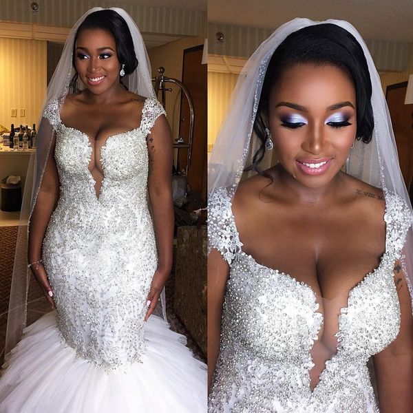 

african style plus size mermaid wedding dresses 2018 cap sleeves beaded crystal ruffled tulle puffy wedding gowns vestidos de noiva, White