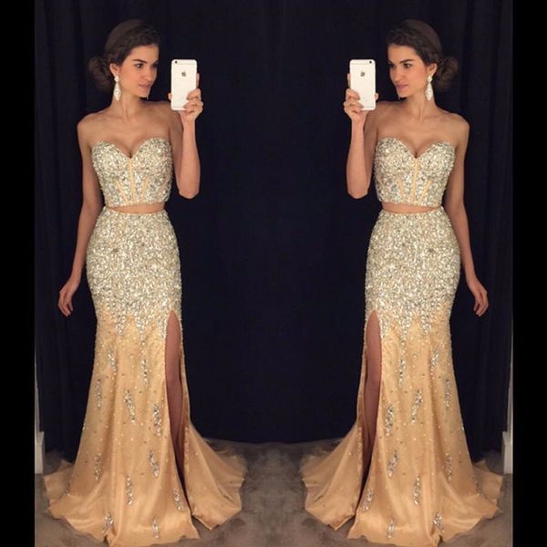 

Two Pieces Tulles Prom Dresses 2017 Elegant Sweetheart Beads Crystals Long High Slit Women Formal Party Dress Graduation Gown
