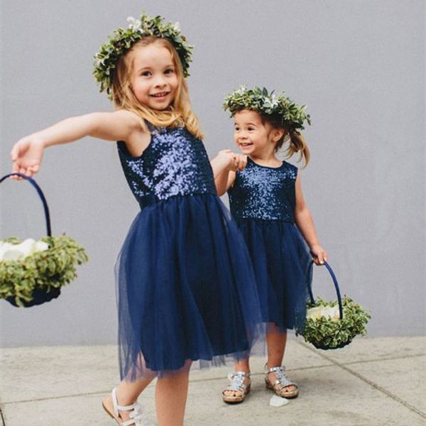 

navy blue sequined flower girls dresses for wedding a line jewel neck birthday gown knee length tulle first communion dress, White;blue