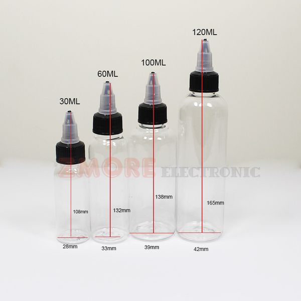 30 ml, 60 ml, 100 ml, 120 ml transparente Flasche, Tintenflasche, E-Liquid-Fruchtsaftöl, Ecig-Kunststoff-Tropfflasche