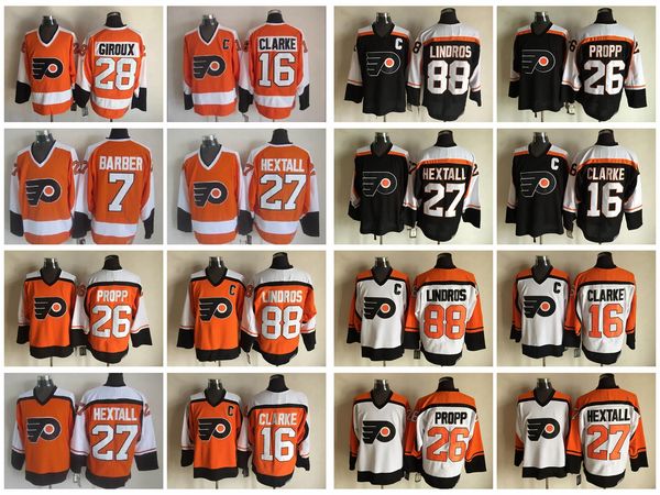 

vintage mens philadelphia flyers 27 ron hextall 88 eric lindros 16 bobby clarke 26 brian propp 7 bill barber vintage mens hockey jersey, Black;red
