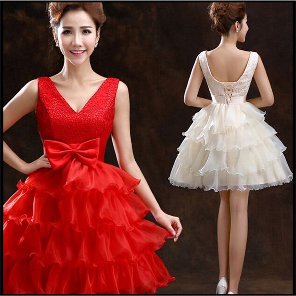 

2017 new short evening dresses homecoming dresses with bow elegant bride gown v-neck backless prom ball party formal dress, Black;red