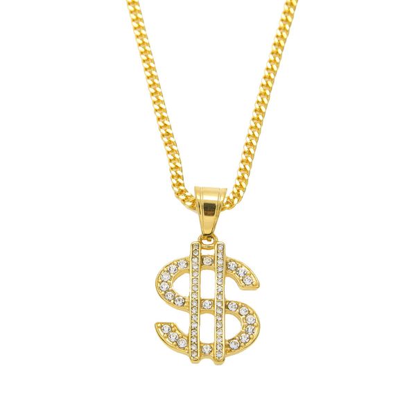 Banhado a ouro 18K Hip Hop Bling Bling Dollar Corrente de Ouro Sinal de dólar com colar de pingente de strass Jóias