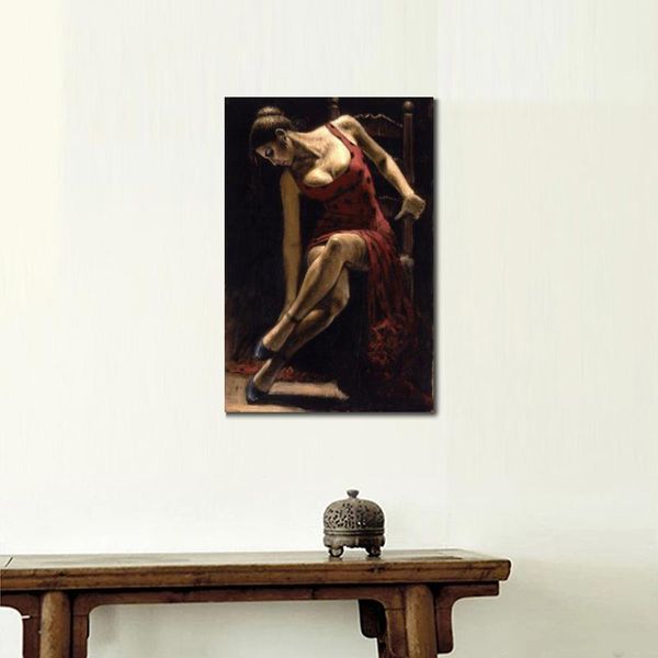 Dipinti ad olio a figura moderna Ballerina di donna sulla sedia Arte su tela fatta a mano per camera da letto Soggiorno Decorazione della parete della sala