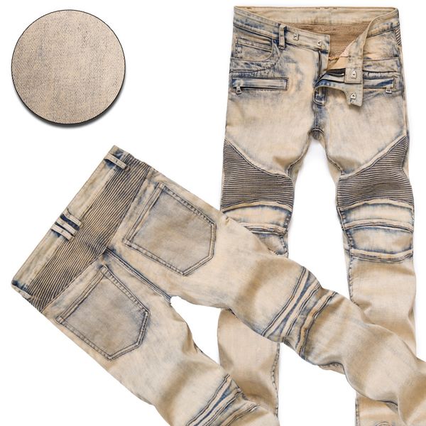 

fashion men's distressed ripped jeans famous fashion cool designer slim motorcycle biker causal denim pants runway jeans, Blue