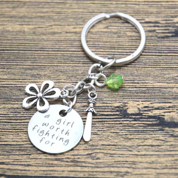 

12pcs/lot Mulan Inspired keyring A Girl Worth Fighting For Silver tone crystals for women or girls. Hand stamped