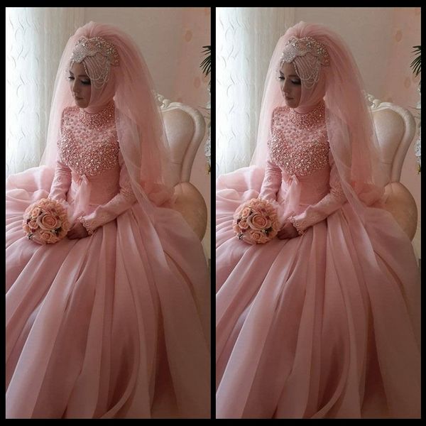 Muslim Wedding Dresses Girl Pink Tulle Pearls High Neck Lace Long Sleeves Wedding Bridal Gown Engagement Dress For Bride Gowns Vintage Wedding Dresses