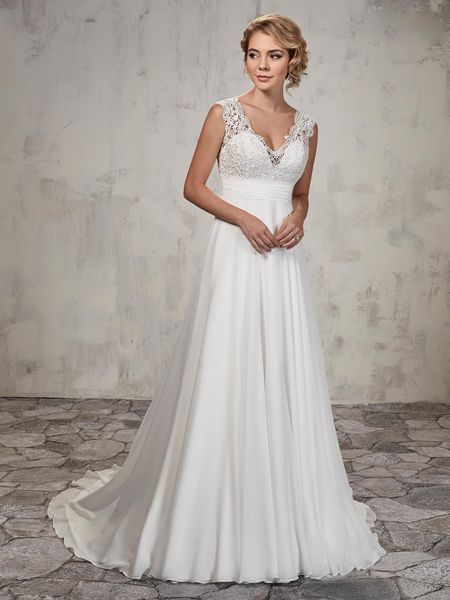 Abito da sposa a trapezio con top in pizzo, gonna in chiffon, scollo a V, abito da sposa plissettato in vita stile impero