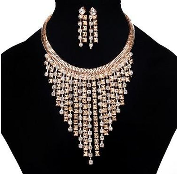 

chic womens jewelry sets gift idea 18k gold plated rhinestone embelishment tassel party necklace earring sets, Golden;silver