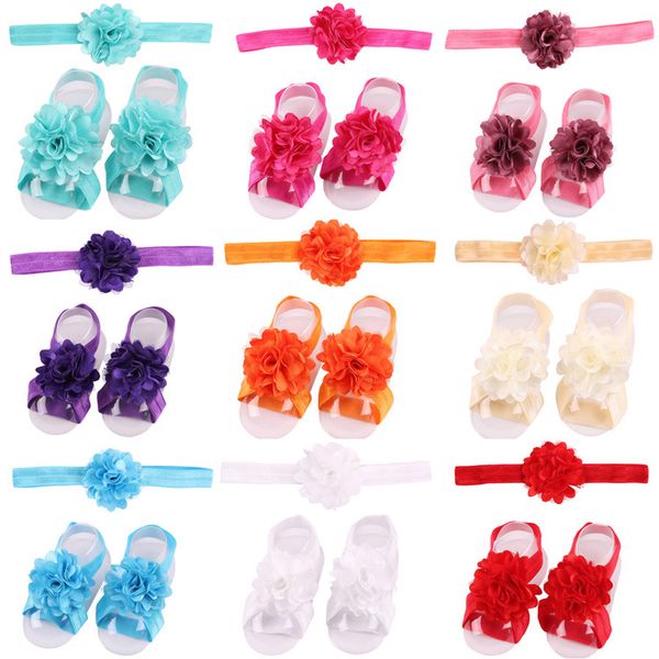 Bebê Sandals Flor Calçados Capa descalços Pé Flor Gravatas Menina infantil Kids First Walker Shoes Headband Set Fotografia Props 17 cores A46