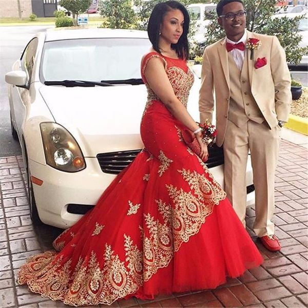 

2017 mermaid appliques sleeveless scoop red tulle prom dress, Black