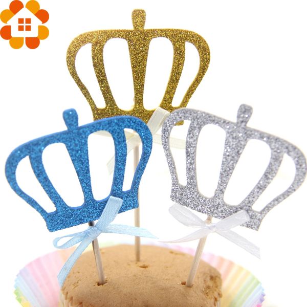 Wholesale- 12PCS 3Colors DIY Lovely Shiny Crown Cupcake Toppers Cakes Topper Picks For Wedding/Kids Birthday/Cake Baking Party Decoration