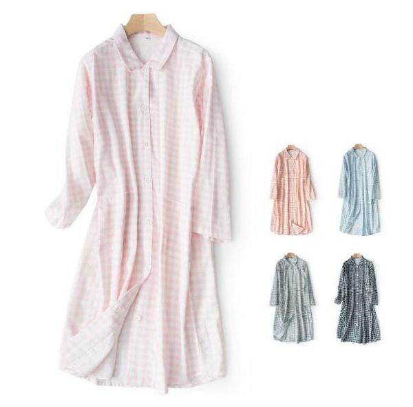

small lattice double-layer yarn pajama stand collar long-sleeved dress female summer cotton cardigan spring and summer, Black;red