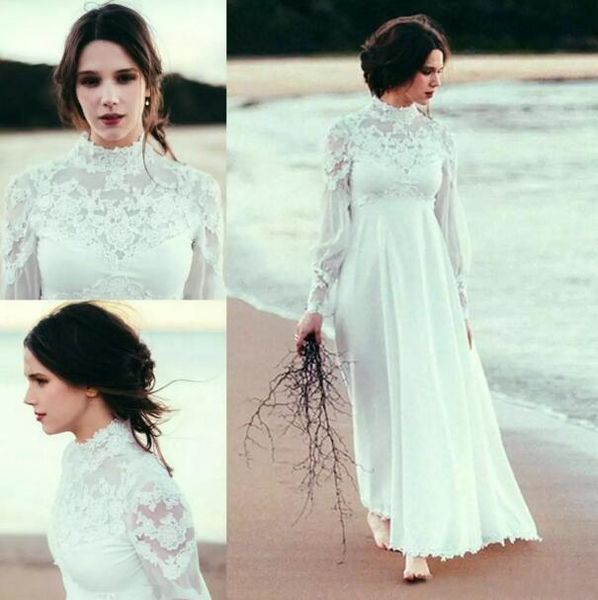 2017 Vestidos De Casamento De Praia Com Mangas Compridas Barato Alta Gola Lace Appliqued Chiffon Tornozelo Comprimento Vestidos De Noiva Custom Made China EN9186