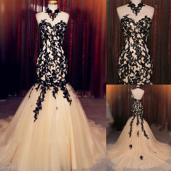 

sheer high neck appliques and tulle long mermaid evening gowns sleeveless fashion styles prom dresses, Black