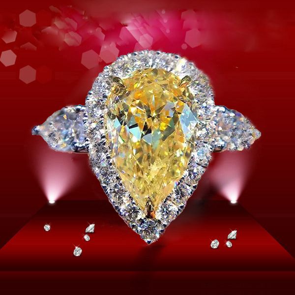 

love women ring trend pear promise 3ct yellow diamond engagement solid 925 sterling silver plated white gold woman wedding rings jewelry val, Golden;silver