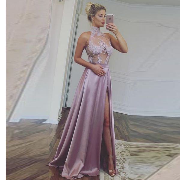 

new arrvial charming prom dress satin lace appliques dresses party evening high neck vestidos de fiesta, Black